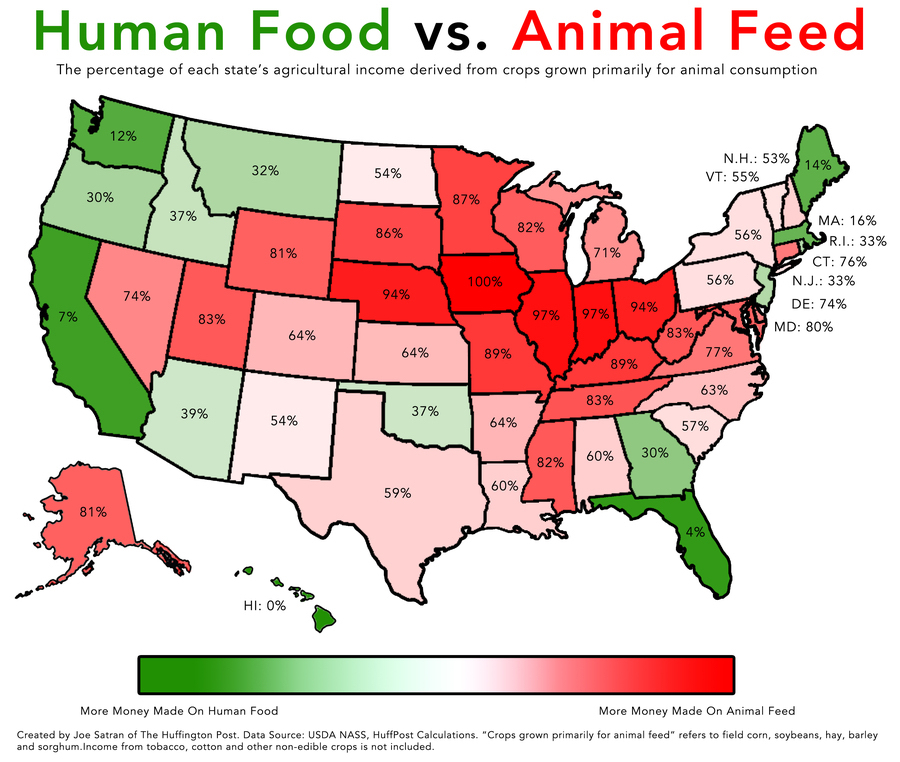 Mapa de Estados Unidos, alimentación humana frente a alimentación animal