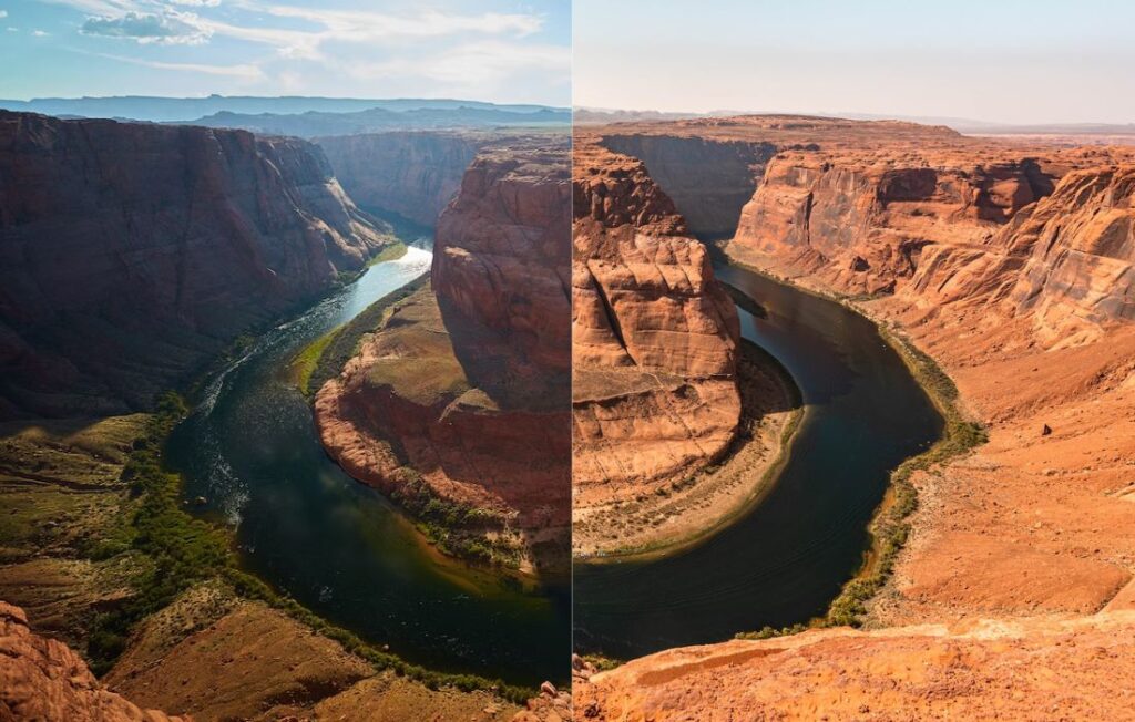 side by side images of horseshoe canyon before and after drought