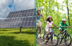 split screen of solar panels and family riding bikes