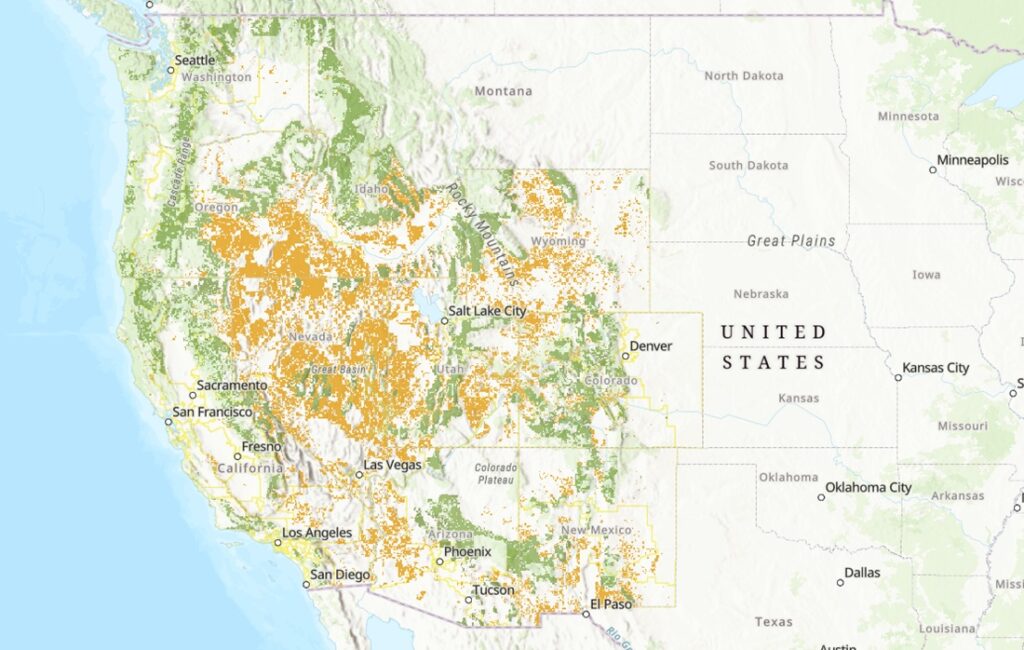 Map of United States public lands at risk of sale in Senate bill