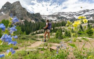 mujer con bastones de senderismo camina cerca de lago de montaña