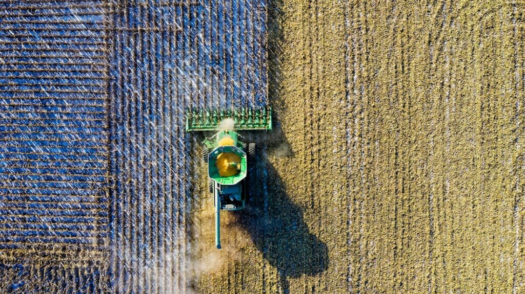 Tractor verde cosechando cultivos en el campo.