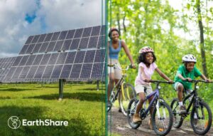 EarthShare_Newsletter_Blog_Carbon Neutrality_family ride bikes in woods_field of solar panels_1100x700