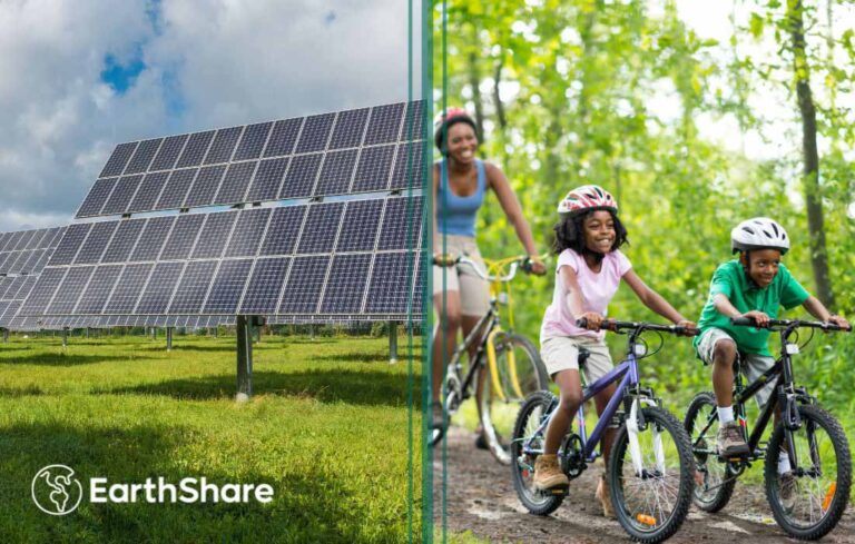 EarthShare_Newsletter_Blog_Carbon Neutrality_family ride bikes in woods_field of solar panels_1100x700