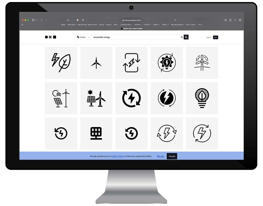 Mockup of icons from Noun Project on computer screen