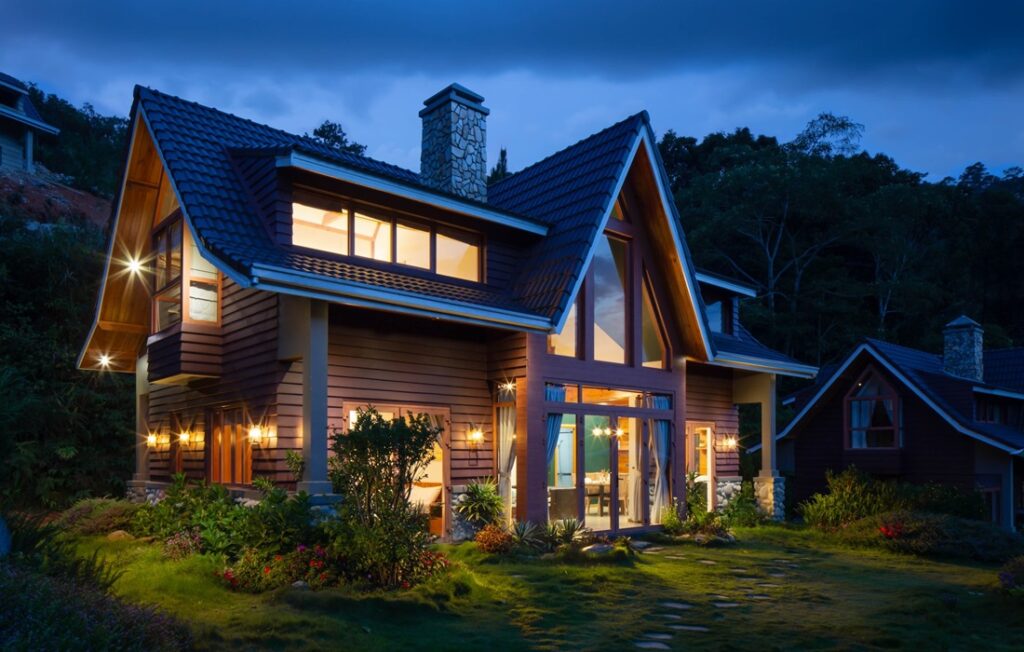 house at night with lights in windows