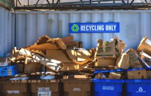 contenedores de reciclaje apilados con cajas de cartón